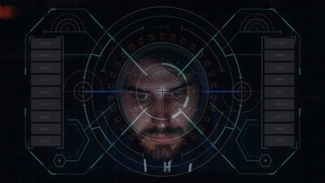 animación de procesamiento de datos y escaneo de alcance sobre hacker masculino caucásico