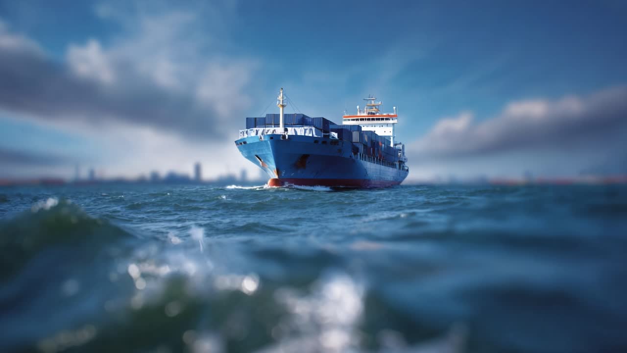 Et fragtskib krydser havet, navigerer gennem bølger og viser sit robuste design under en lys, udstrakt himmel med skyer i baggrunden