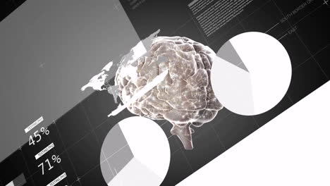 in animation, digital brain model with data and world map in futuristic interface