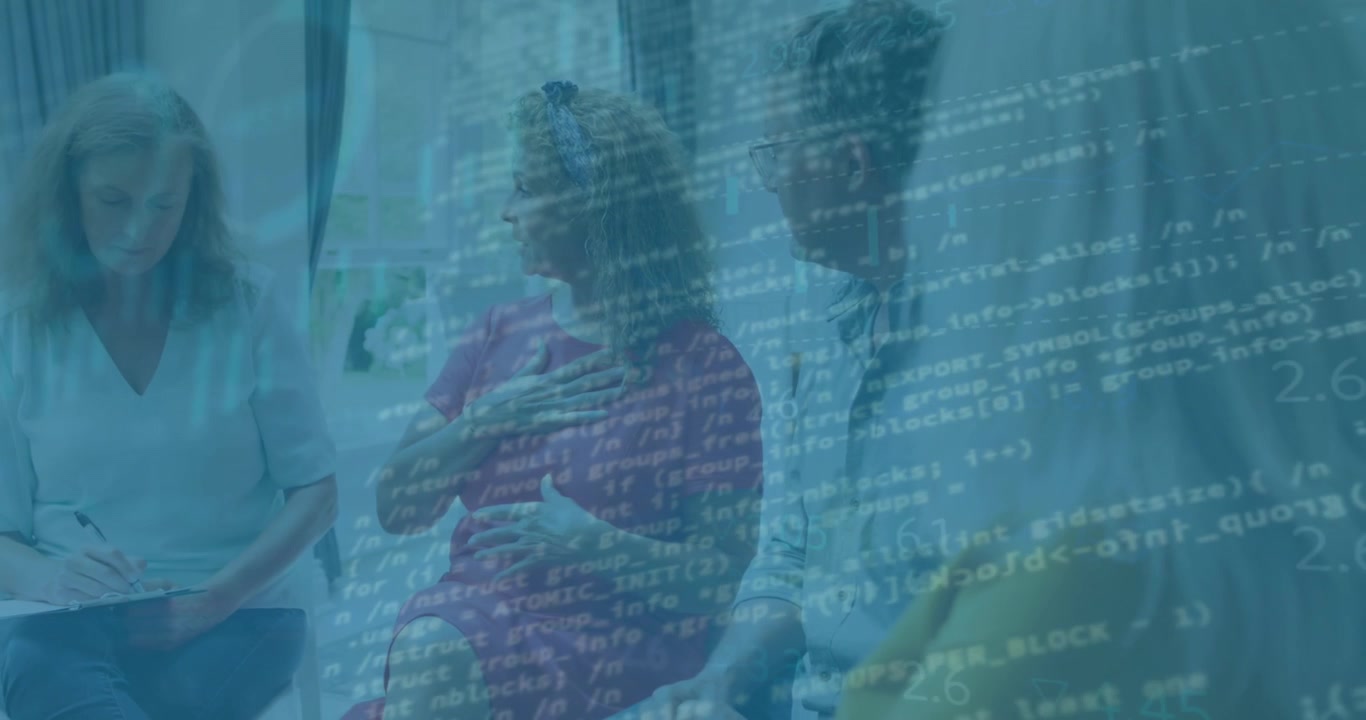 Animation of financial data and graphs over diverse female and male at supporting meeting