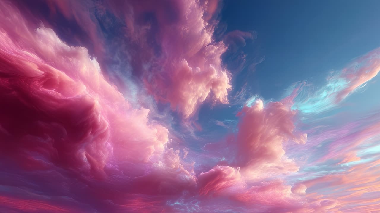 A Stunning Display of Vibrant Clouds Illuminated by a Dazzling Sunset, Capturing the Ethereal Beauty of Nature's Palette in Mesmerizing Shades of Pink and Blue