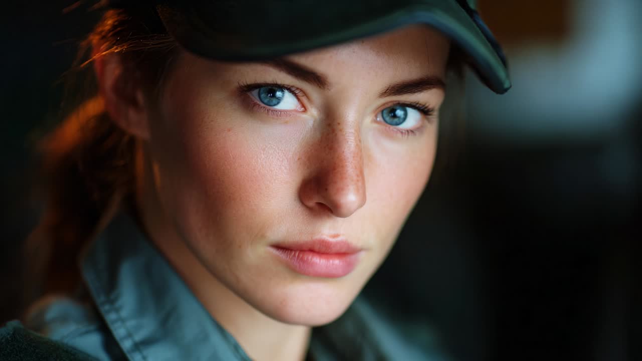 A striking portrait capturing the intense gaze of a young woman wearing a cap, highlighting her piercing blue eyes and natural beauty in a soft, dimly lit environment, radiating confidence and strength