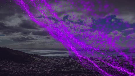 animation of purple spots over cityscape