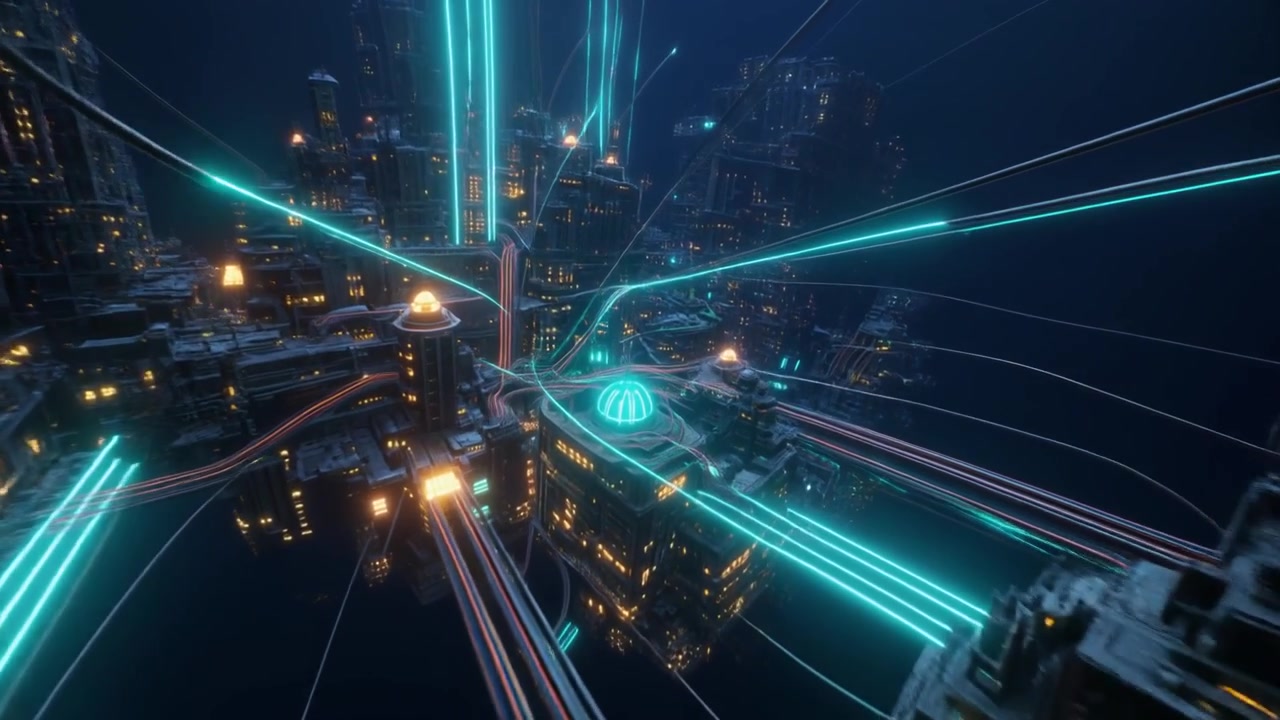 Veduta Aerea di una Città Cyberpunk Futuristica con Flussi di Dati Luminosi