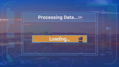 animation of data processing and text over cityscape