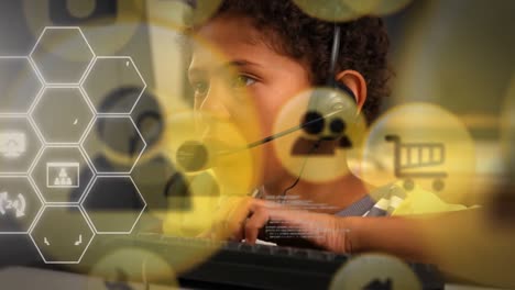 Animation-of-mixed-race-boy-smiling-at-the-camera-over-yellow,-black-and-white-icons