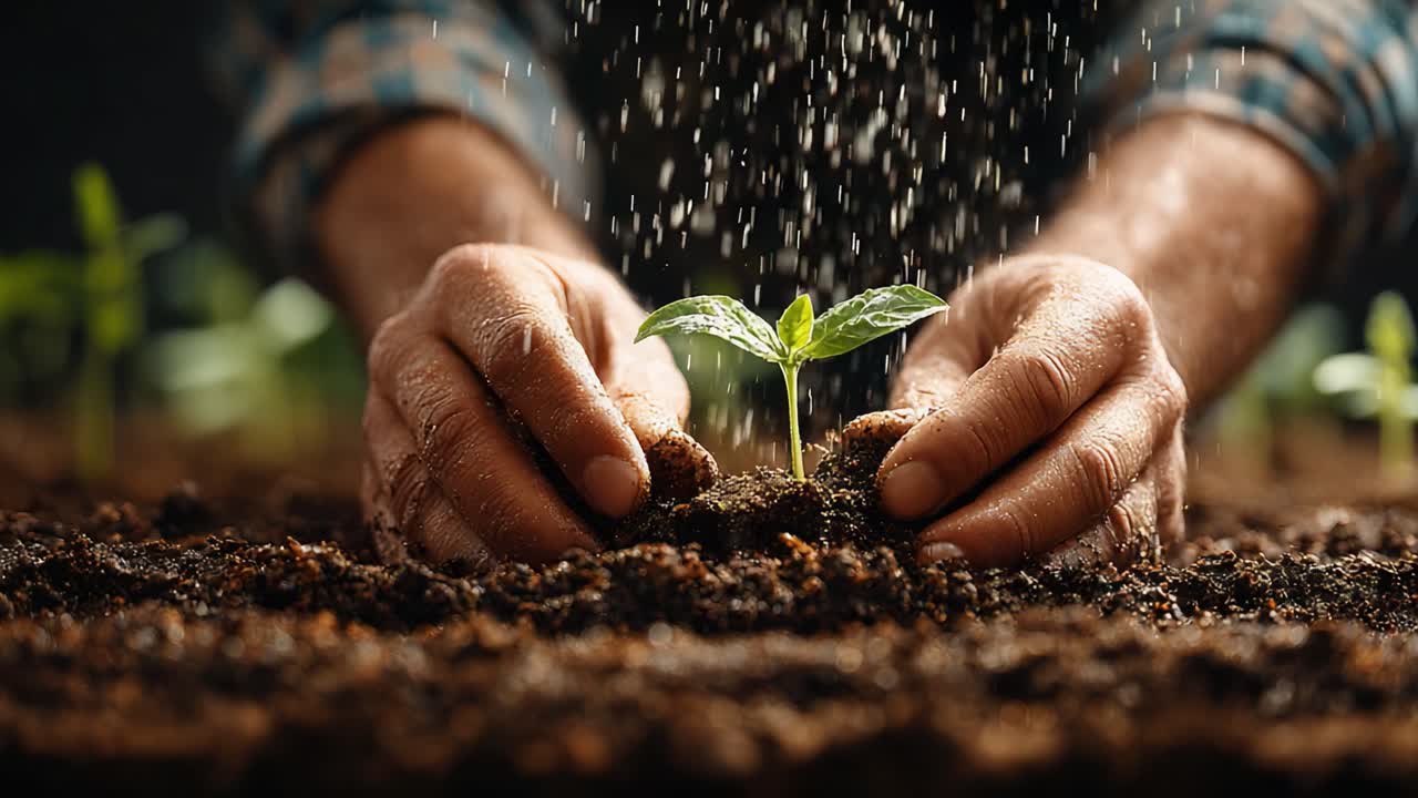 Nurturing Growth: A Close-Up Perspective on Planting a Seedling in Rich Soil with Gentle Drizzle, Symbolizing New Beginnings and Sustainability in Agriculture
