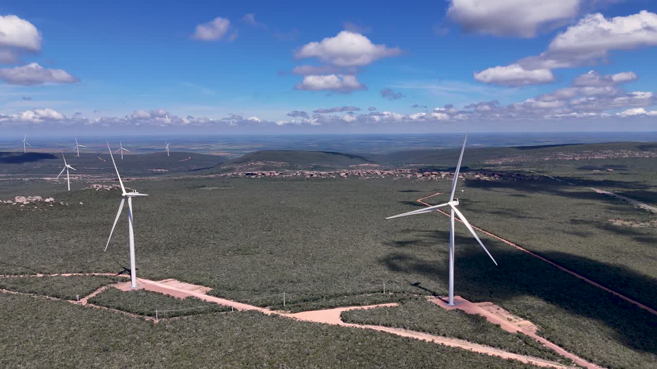 Drone video of wind turbines at the Morro do Chapéu Wind Farm, Brazil