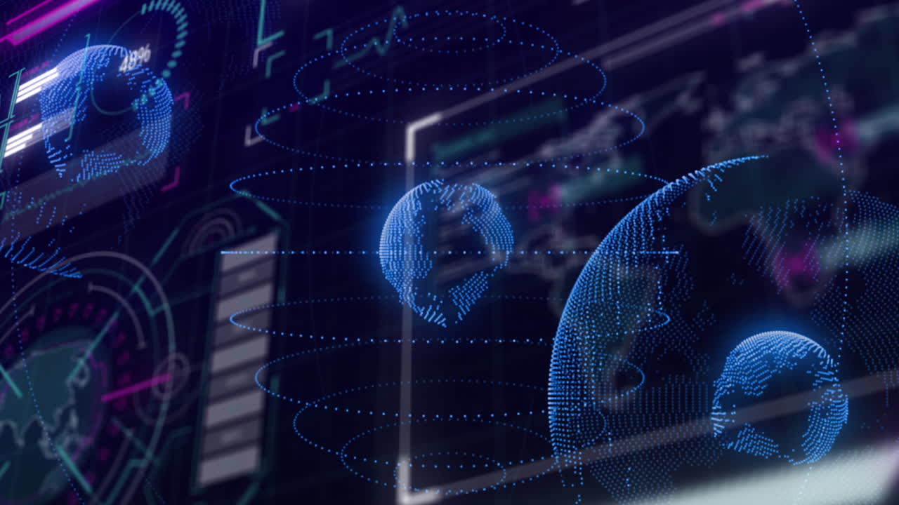Digital globe with data points and graphs, global network animation over cityscape