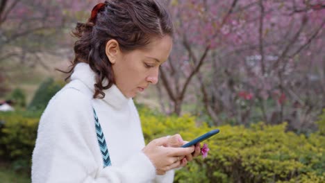 Woman using phone in a cherry blossom park