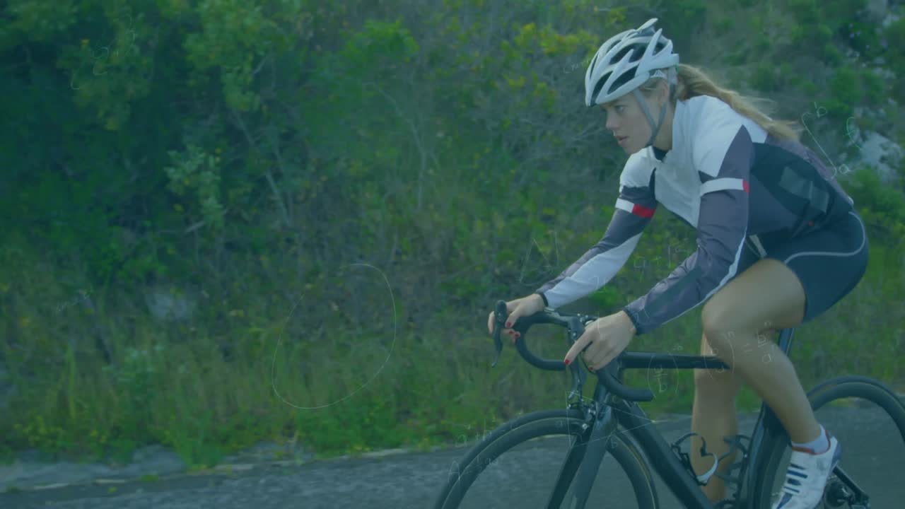 animación de ángeles matemáticos y símbolos sobre mujer caucásica montando bicicleta en el bosque.