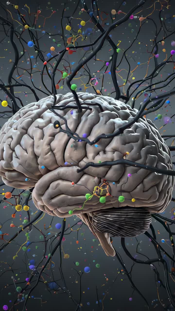 Vertical video: Camera approaching brain model at render for study, showing color nodes