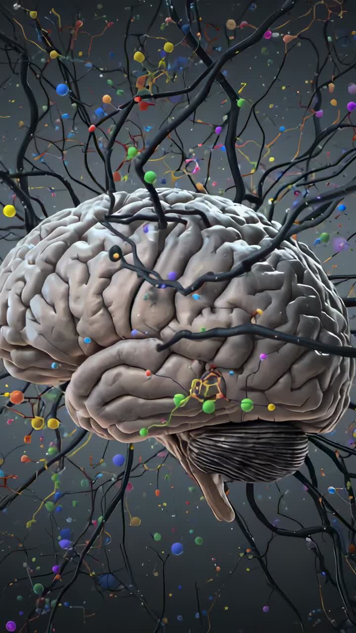 Vertical video: Camera approaching brain model at render for study, showing color nodes