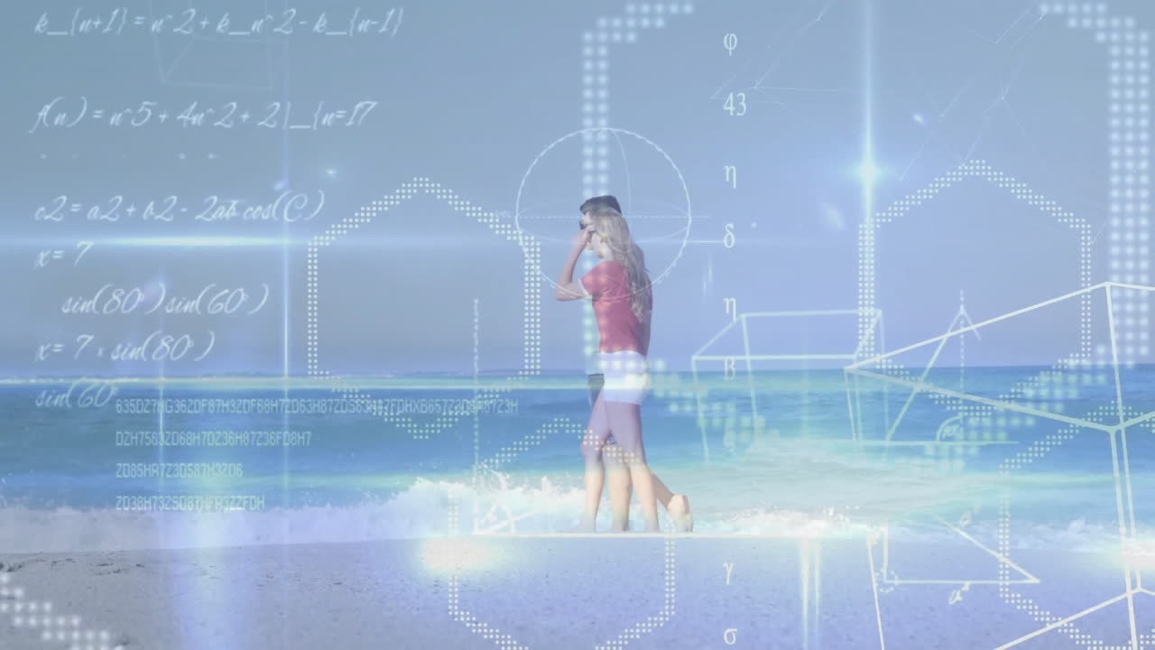 man walking barefoot near woman holding smartphone, displaying tech hex grids, glowing lines, code