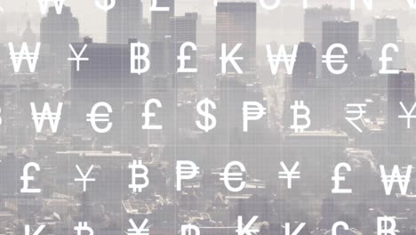 animation of currency symbols and data processing over cityscape