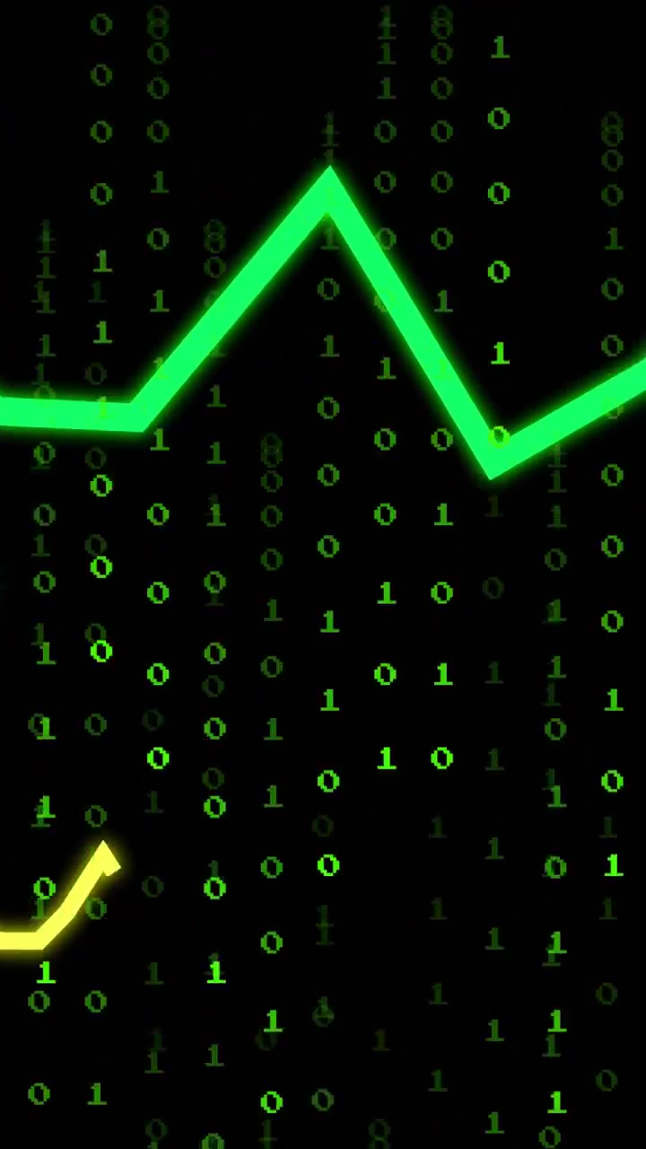 Video verticale: Pioggia binaria che sale, zigzag al neon dinamico che appare, si evolve, raggiunge il picco e mostra l'andamento dei dati.