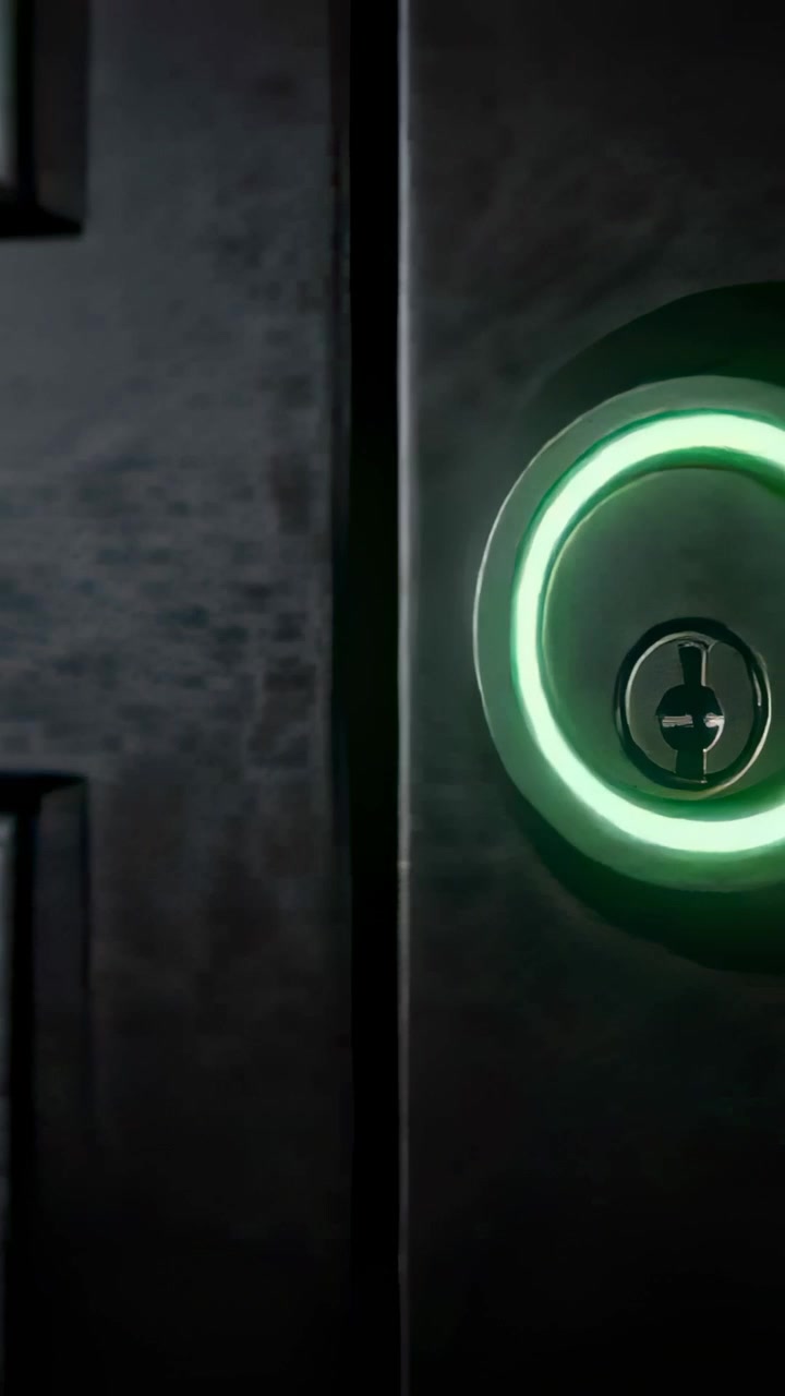 Vertikal video: Panorerende kamera viser smartlås på mørk dør, grøn LED aktiveres, plads til tekst