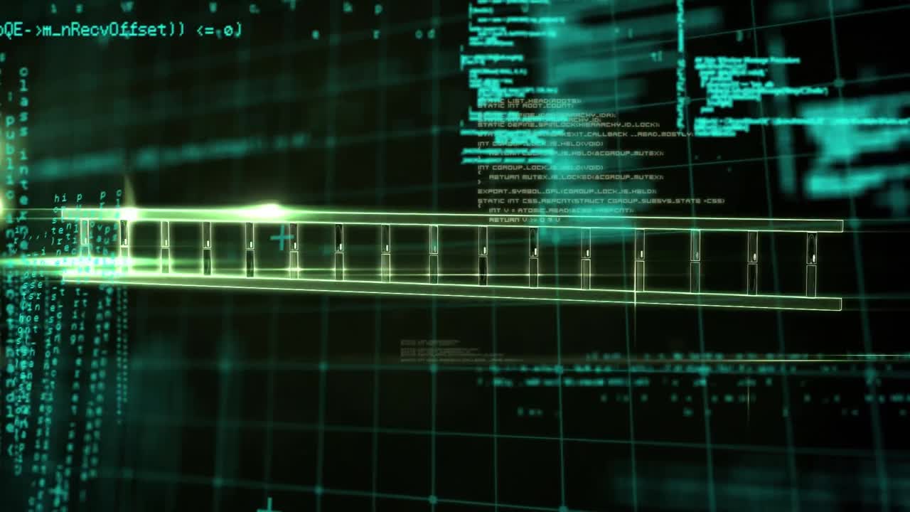Animation of dna strand over data processing shapes on black background