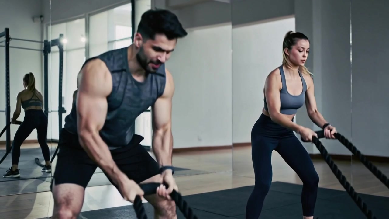 Una pareja comenzando a alternar cuerdas de batalla en un estudio sobre una colchoneta negra, vistiendo ropa de entrenamiento para acondicionamiento.