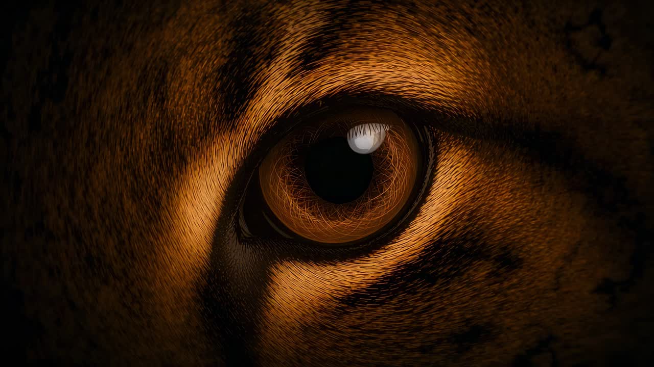 Messa a fuoco sull'occhio destro di un felino di grandi dimensioni, luce calda mutevole, palpebra che si restringe, cornea che mostra i dettagli fini dell'occhio