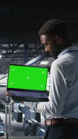 vertical video data center programmers on industrial platform using green screen laptop