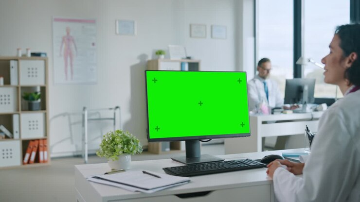 Kvindelig læge foretager et videoopkald med en patient på en computer med en mock-up-skærm med grøn skærm på en sundhedsklinik. En assistent i kittel taler om sundhedsproblemer på et hospitalskontor.