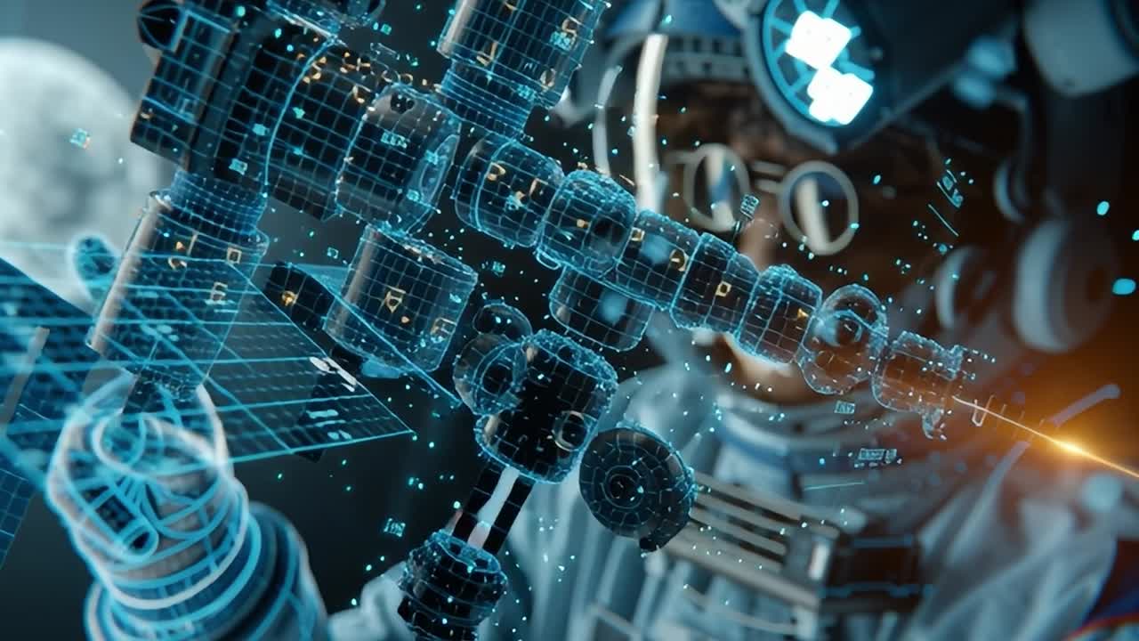 Astronaut med en holografisk skjerm av en romstasjon