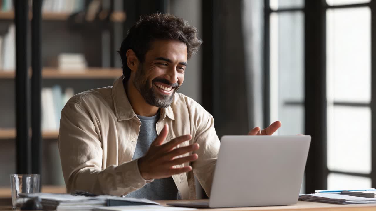 A Joyful Interaction: A Man Engaged in a Video Call, Displaying Excitement and Connection Through a Warm Smile and Enthusiastic Gestures in a Bright Workspace