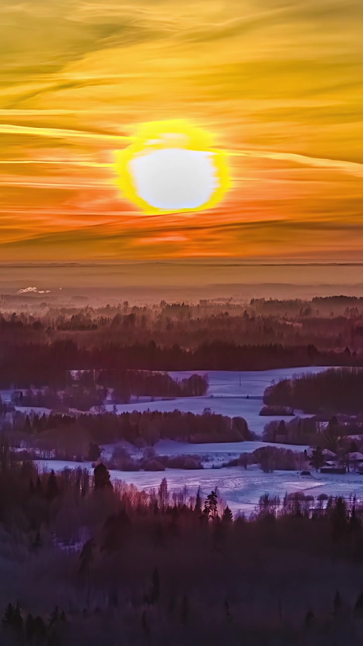 Ilmasta kuvattu hyperlapse laajenee paljastaen hehkuvan auringonlaskun auringon laskeutuvan lumipeitteisen metsän ja iltasumuun verhoutuneiden peltojen ylle.