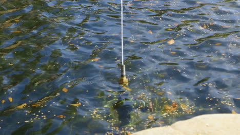 Metal-nozzle-spraying-continuous-stream-of-water-within-a-park-fountain-pond-with-leaves-floating-nearby