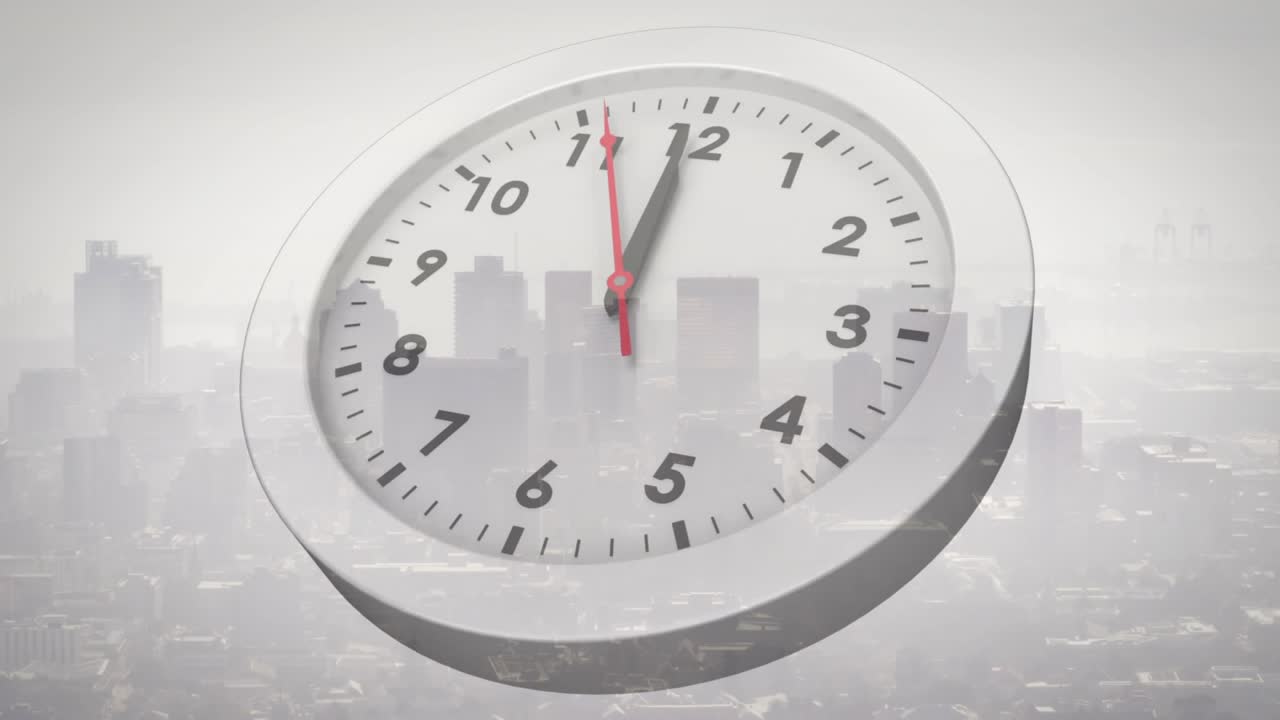 On play white clock tilting, red hand sweeping clockwise, black hand advancing to show passing time