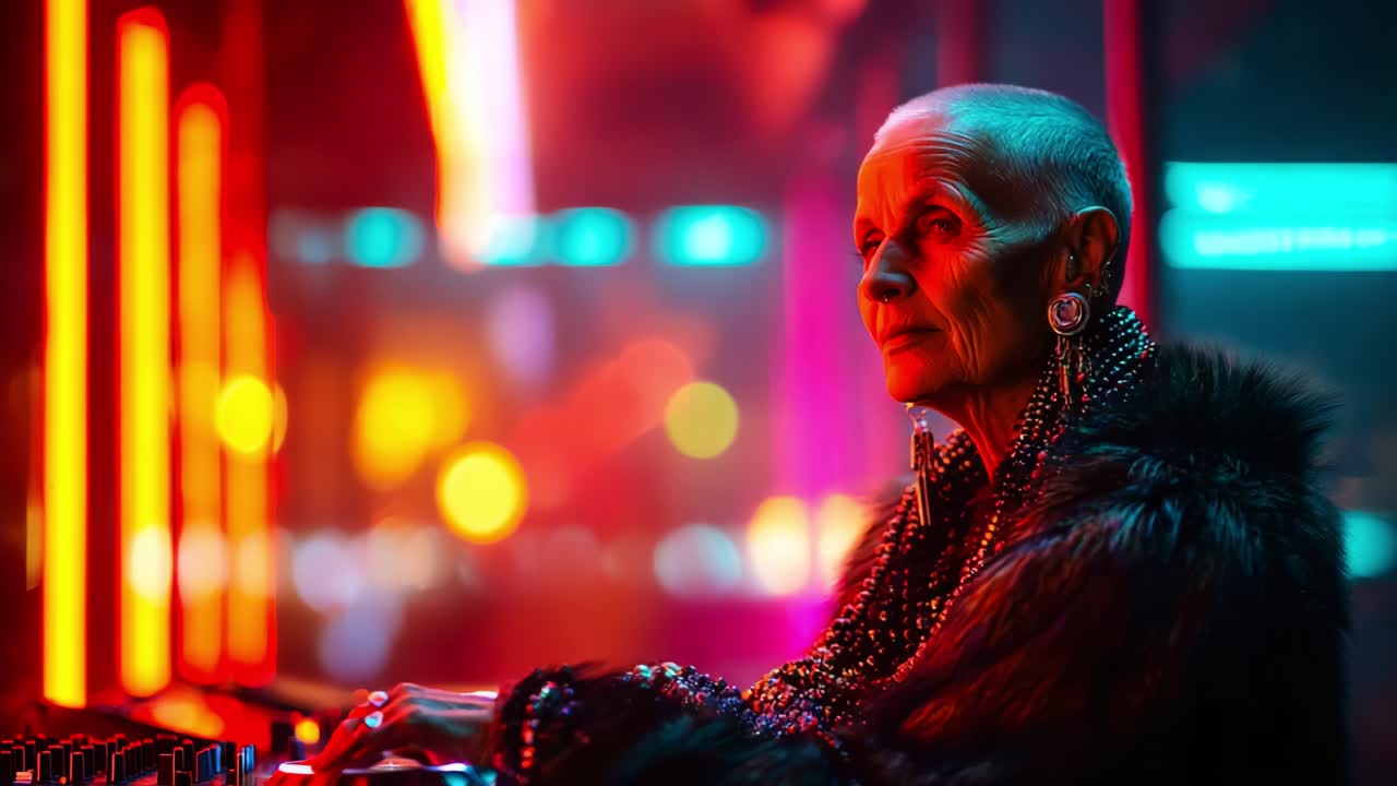 An Esteemed DJ Masterfully Commanding the Turntables Under Vibrant Neon Lights, Showcasing a Unique Style and Charisma That Defies Age and Trends in the Nightlife Scene