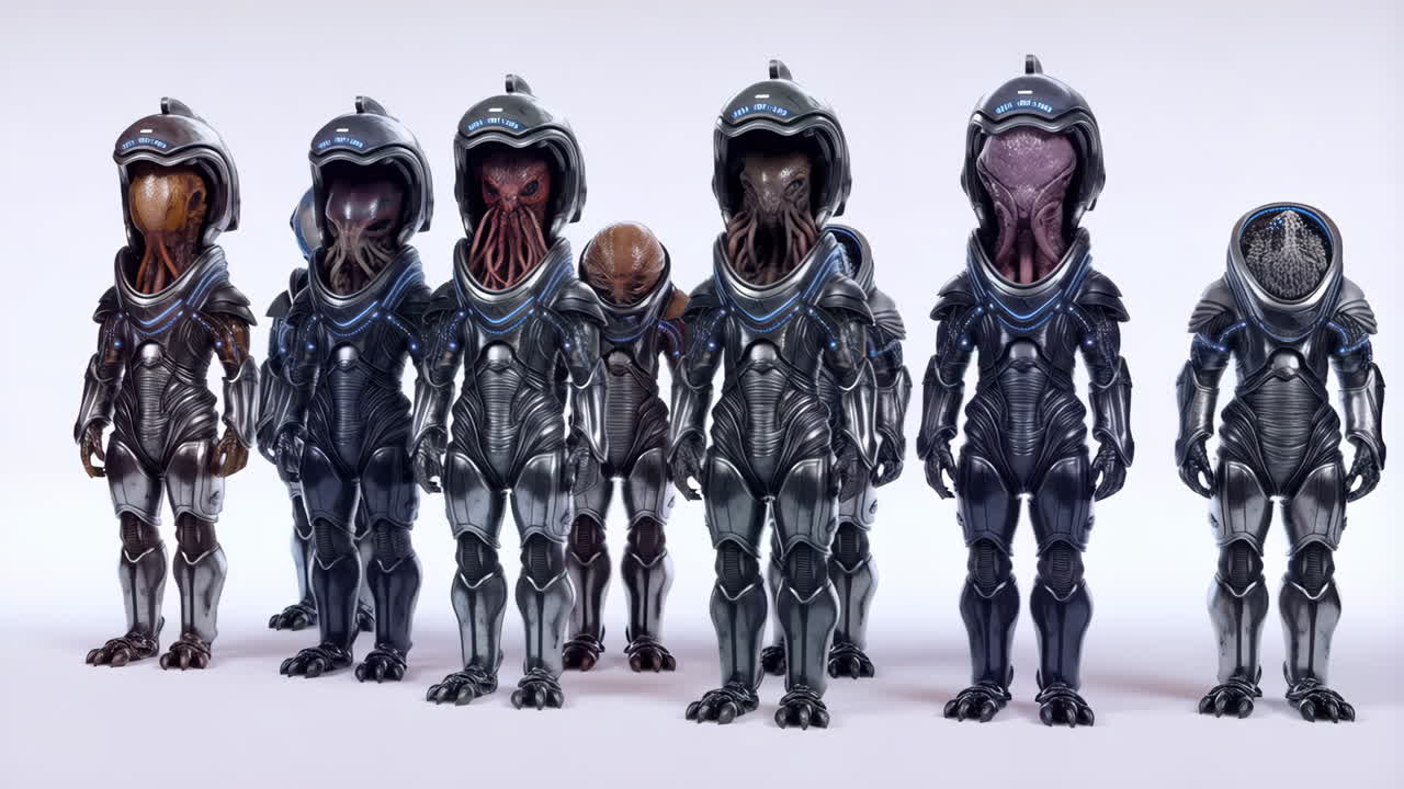 Lineup of Diverse Futuristic Alien Characters in Sci-Fi Suits