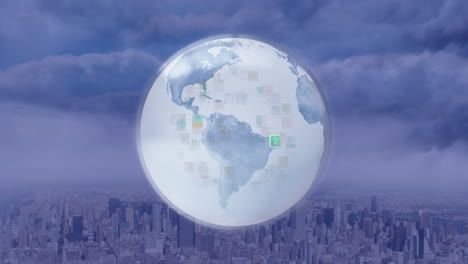 animación del procesamiento de datos con el globo sobre el paisaje urbano