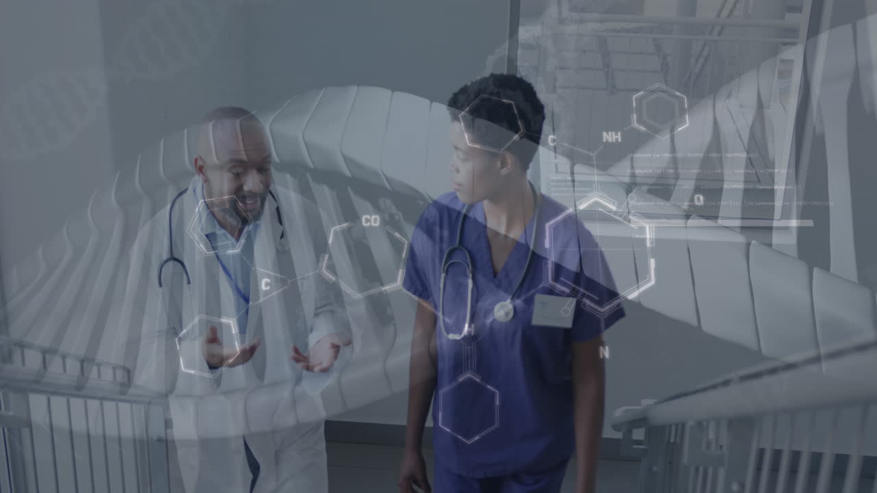 Animazione di filamento di DNA ed elaborazione di dati scientifici su diversi medici