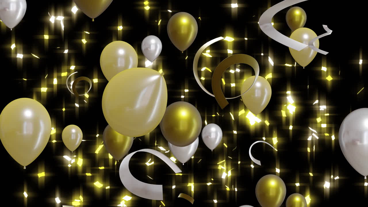animación de globos de oro y plata con manchas brillantes sobre un fondo negro