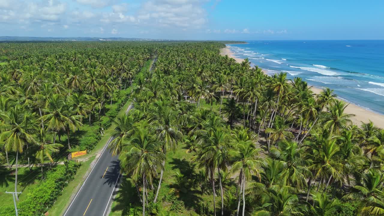 Vista aérea de estrada ladeada por palmeiras perto da praia da costa atlântica na República Dominicana. Entrada para a Província María Trinidad Sánchez. Aproximação aérea.