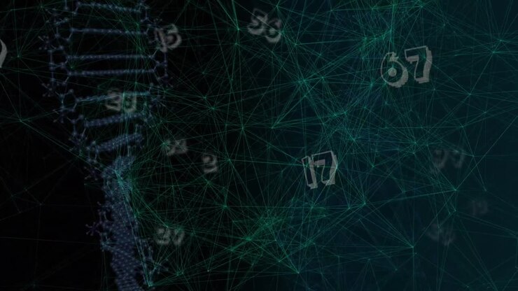 Animation of numbers, dna strand over network of connections
