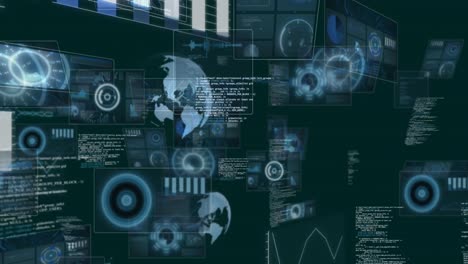 Animation-Beweglicher-Bildschirme-Mit-Scannenden-Kreisen,-Diagrammen,-Globus-Und-Computersprachen