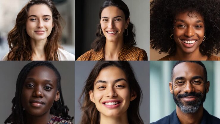 Un gruppo eterogeneo di persone sorridenti che esprimono gioia e connessione attraverso espressioni amichevoli in un ambiente luminoso e invitante