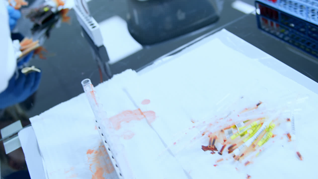 혈액  ⁇ 플 을 정리 하는 실험실 기술자 들 4k