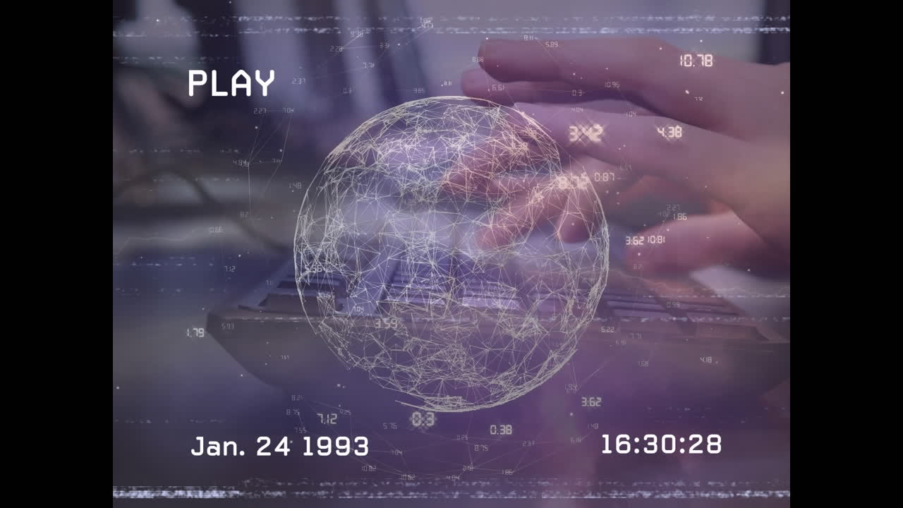 animación de interferencia sobre el procesamiento de datos y globo con las manos escribiendo en el teclado.