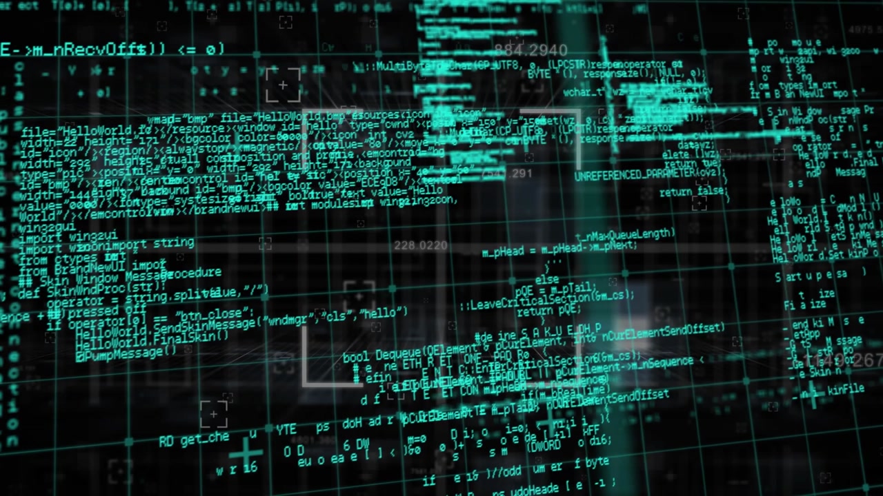 Animasjon av et rutenettverk og skanning over databehandling mot svart bakgrunn
