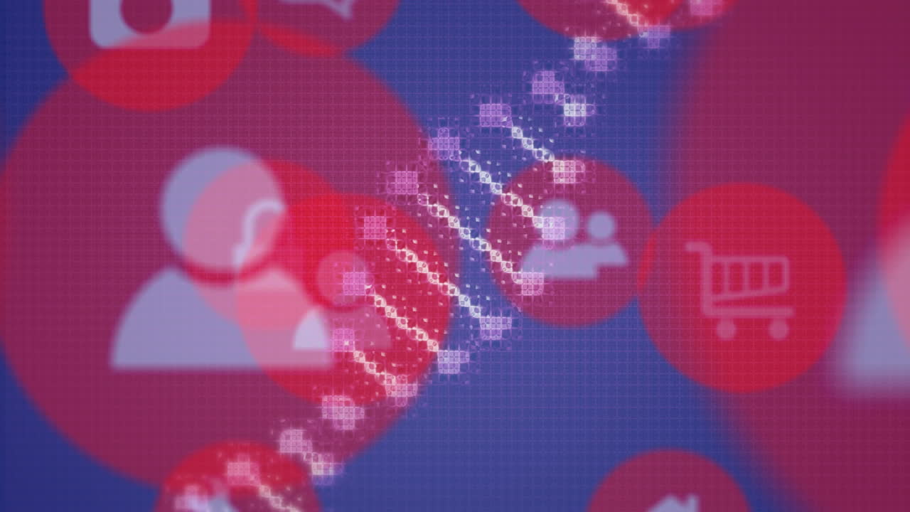 소셜 미디어와 쇼핑 아이콘을 배경으로 한 dna 스트랜드 애니메이션