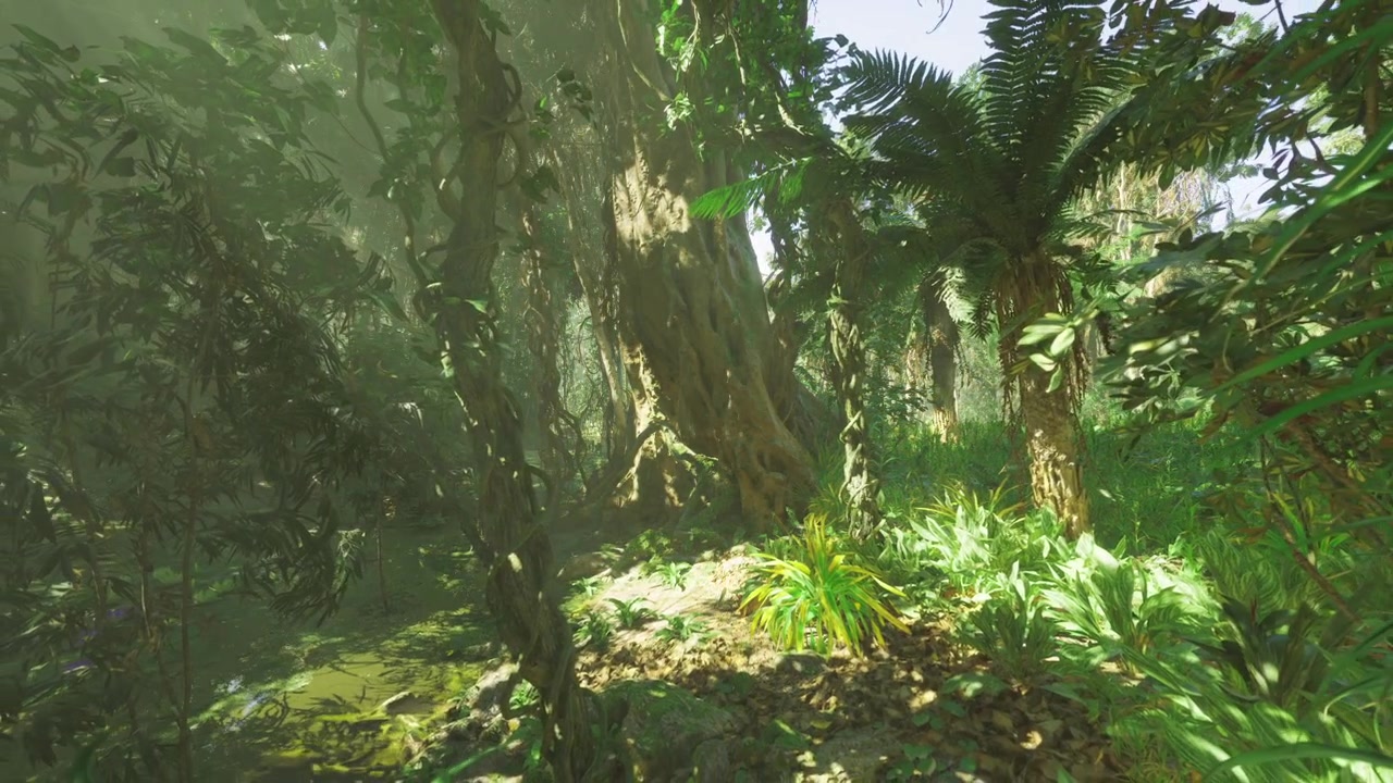 Bosque tropical vívido con troncos cubiertos de musgo y plantas vibrantes