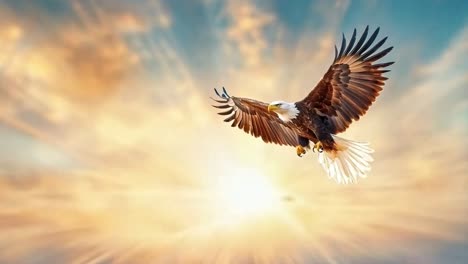 bald eagle in flight against a radiant sky