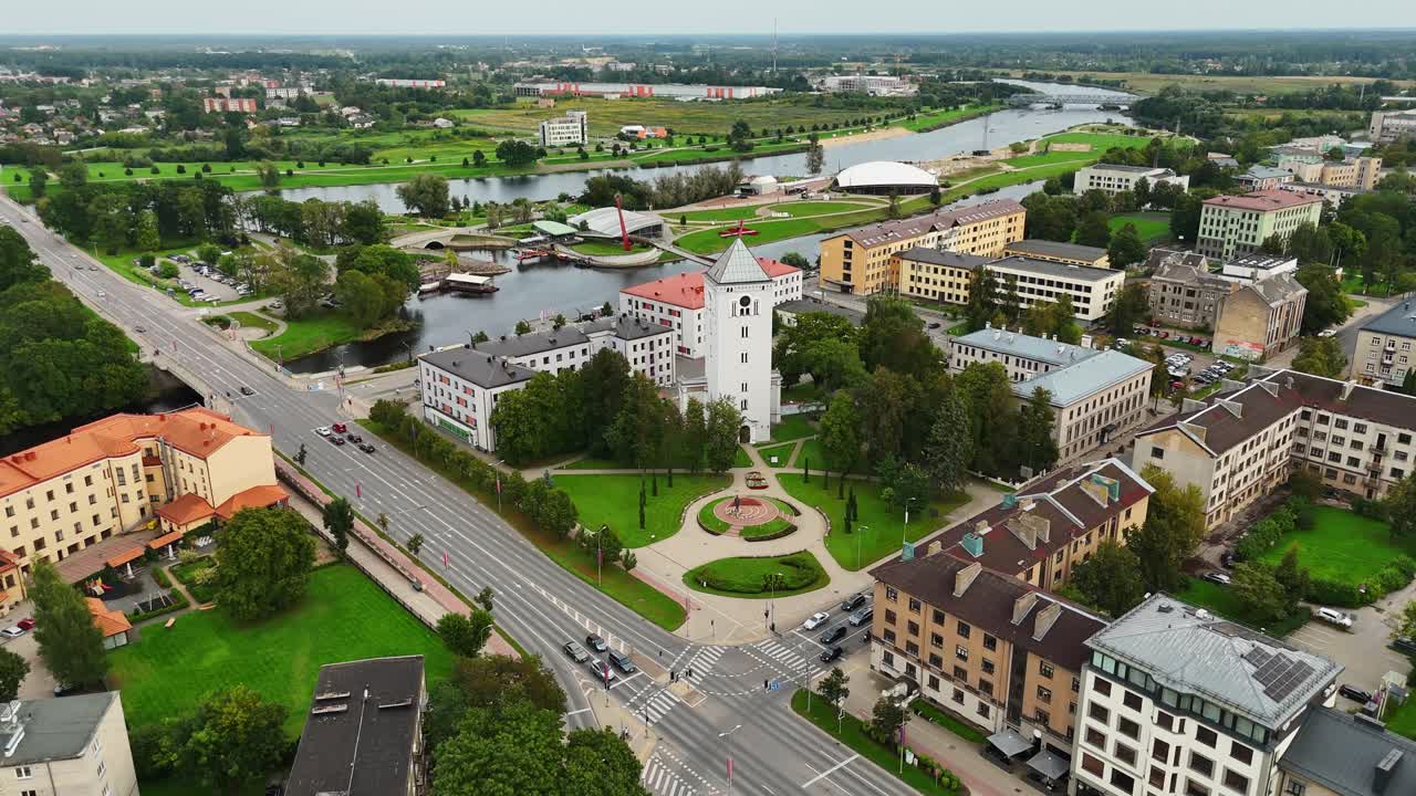 Jelgava Saint Trinity Church Tower, Mitava Open-air Concert Hall And Lielupe River In Jelgava, Latvia. - aerial shot