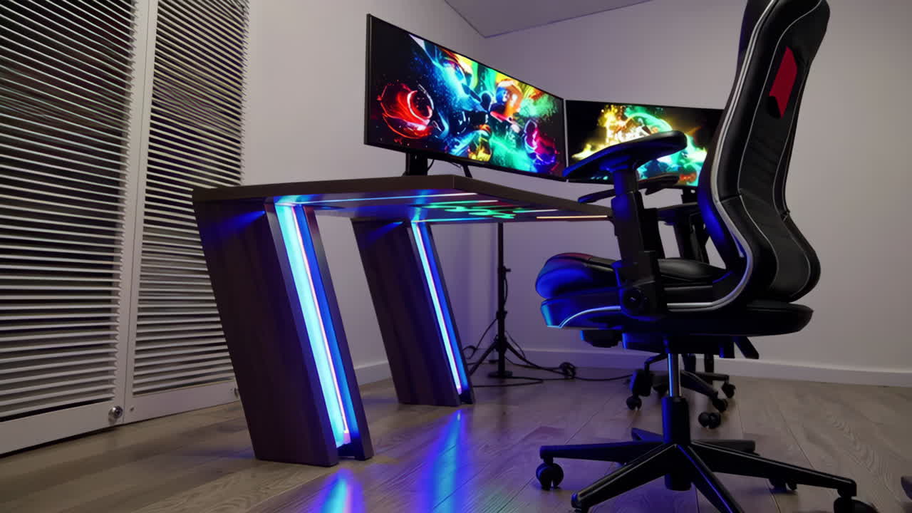 Modern Gaming Desk Setup with LED Lighting