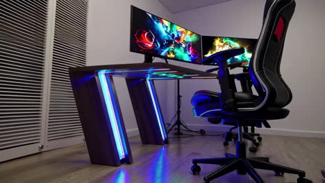 modern gaming desk setup with led lighting