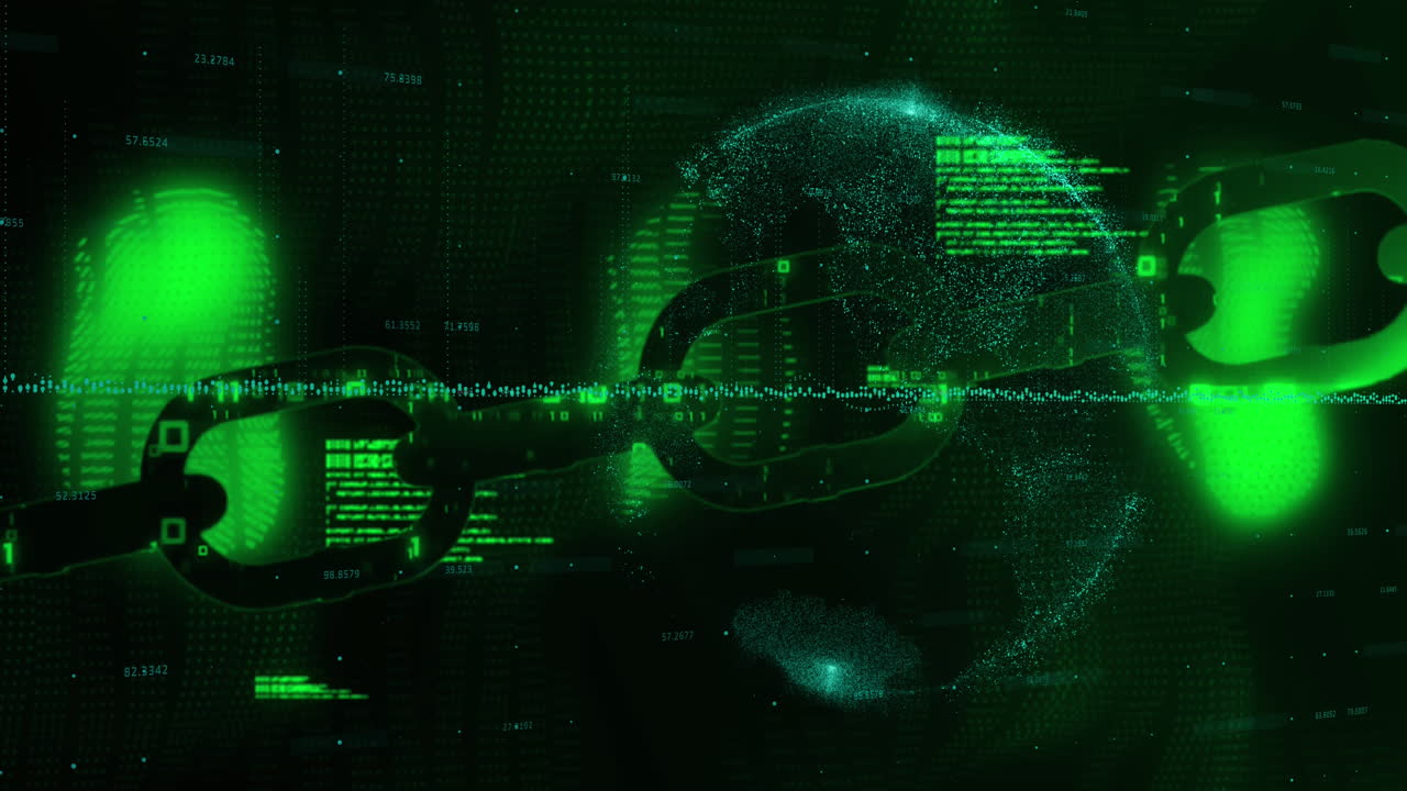 cadena de seguridad sobre un globo giratorio sobre fondo negro